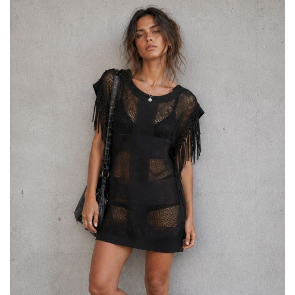 MM Couture Miss Me Sweater Dress Womens L Black Mesh Fringe Sheer Grunge Tunic